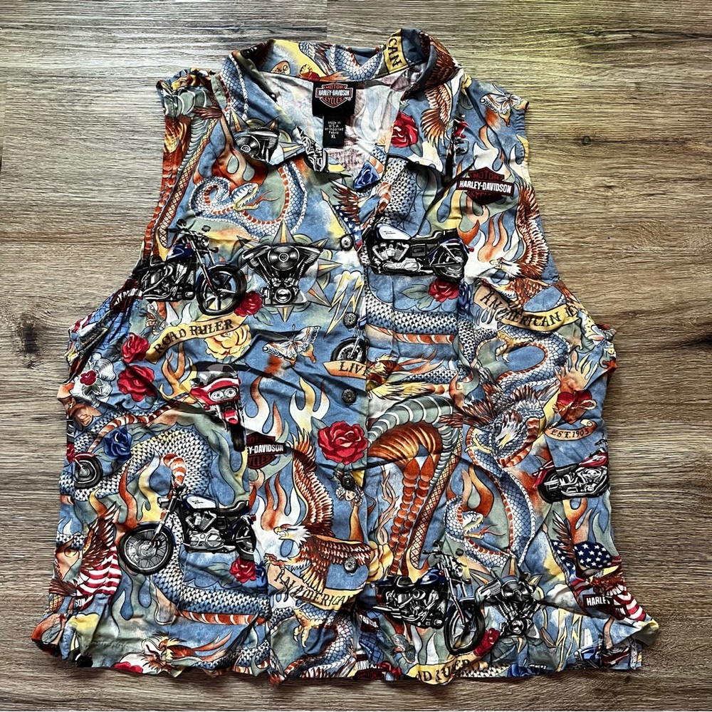 Harley Davidson collared button up sleeveless blouse size XL